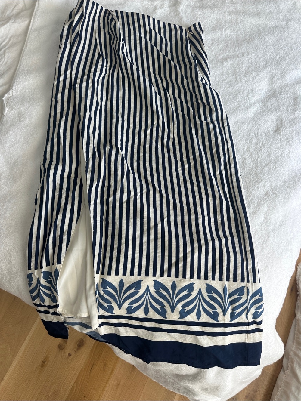 Abercrombie & Fitch Navy and White Striped Midi Skirt with Floral Border